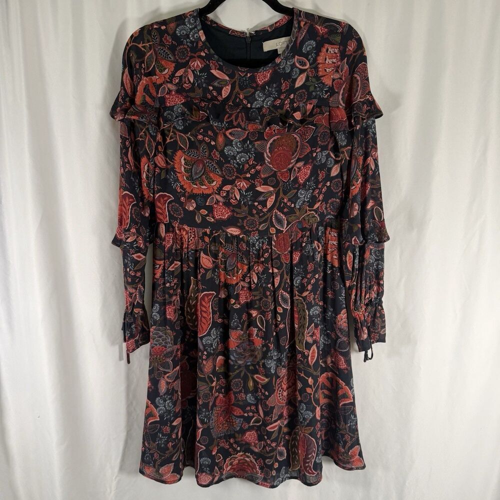LOFT Dress Women's 0 Black Pink Floral Zip Back Semi Sheer Sleeve Round Neck